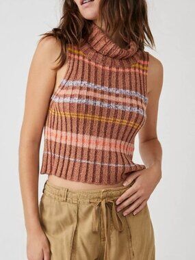 Free People Edith Striped Turtleneck Sweater Brown Crop Tank Sleeveless Ribbed